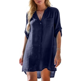 Women's Beach Dress Bikini Cover Up Beach Poncho Women's Summer Pareos Summer Dress Elegant Swimwear Beach Cover Up Shirt, blue, XXL