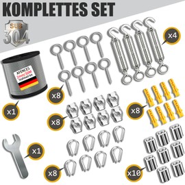 30 m Stainless Steel Rope 2 mm Coated + M5 Tension System with Eyelet Hooks, Weatherproof Wire Rope for Plant Vines, Decoration and Laundry Drying (2 mm, 30 m Stainless Steel Rope)