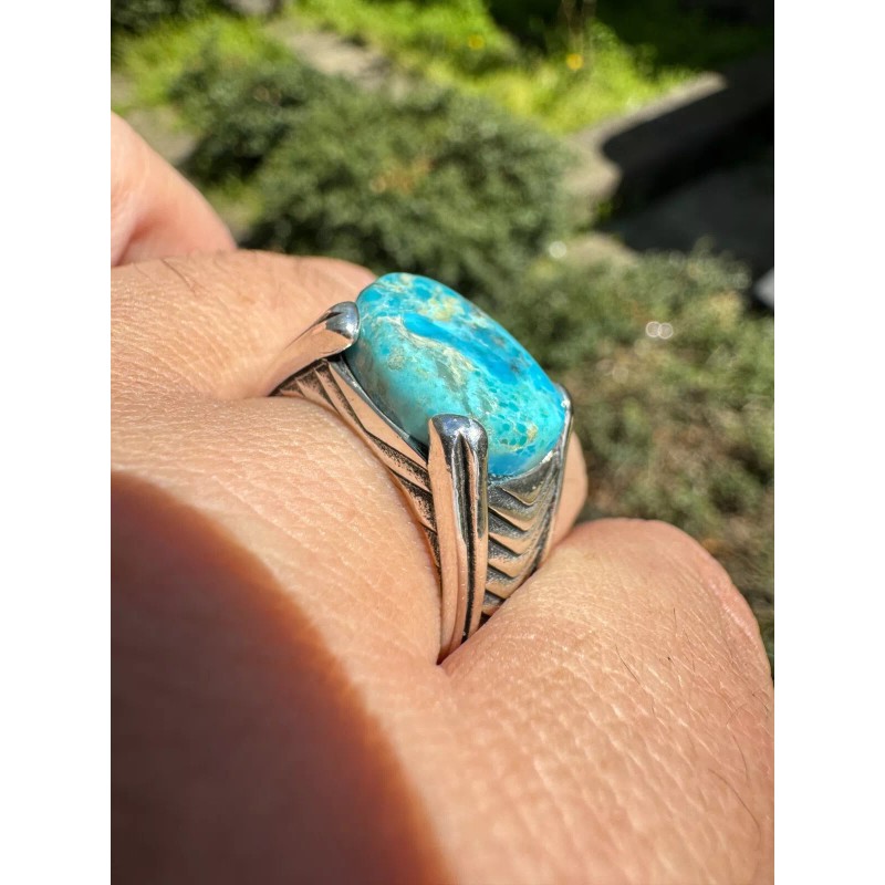 HarlemBling Blue Genuine Turquoise Mens Real Solid 925 Sterling Silver