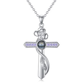 PROESS Mothers Day Gifts Cross Necklace for Women Birth Month Flower Necklace Sterling Silver I Love You Necklace 100 Languages February Birthstone Jewelry Gifts