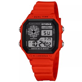 Synoke Womens Mens Digital Multifunction Sports Square Waterproof Electronic Led Watch - Red