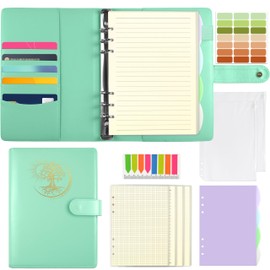 Qefuna A5 Ring Binder, A5 Refillable, PU Cover with Foil Embossing Sun Tree of Life Pattern, with 180 Sheets A5 Refill Paper, A5 Notebook with Pockets and Dividers, Green