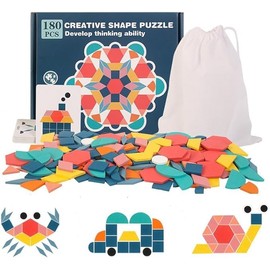 EACHHAHA Tangram Shape Puzzle,180 Pcs Wooden Pattern Blocks,Creative Jigsaw Puzzle Toys for Kids