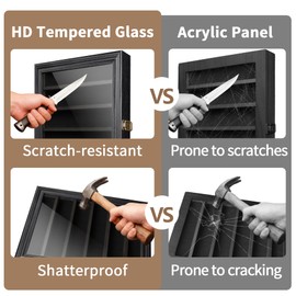 ASmileIndeep Pocket Knife Display Case, 6 Rows Knives Box Cabinet with HD Tempered Glass Military Folding Knife Stand with Removable 2 Grooves Shelves for Wall Mounted and Desk Display, Black