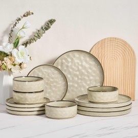 Herogo Dinnerware Dishes Sets for 4, 12 Pieces Ceramic Plates and Bowls Sets, Kitchen Dining Dishes, Dishwasher & Microwave Safe, Cream Khaki