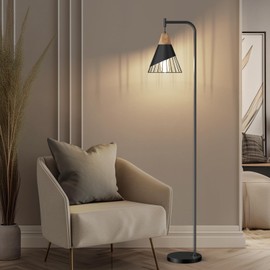 Alrryo 67" Industrial Floor Lamp with Wood & Black Metal Shade, Modern Standing Lamp, Rustic Farmhouse Tall Lamp for Living Room Bedroom Office, 2700K Bulb & Foot Switch Included (Black)