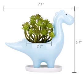 VanEnjoy Desktop Cute Cartoon Herbivorous Dinosaur White Ceramic Succulent Planter with Tray, Bonsai Cactus Flower Pot Vase Holder Decorative Organizer