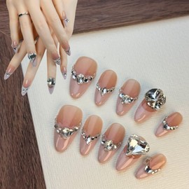 Duotaoii Almond Press On Nails Medium Fake Nails Handmade False Nails Diamond Rhinestones Gems Nail Charms,French Tip Acrylic Nail Kit Gel Nails,Reusable Stick on Nails for Women 10pcs M