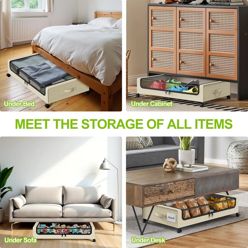 Molutsody Under Bed Storage with Wheels, 4-Pack UnderBed Storage Containers
