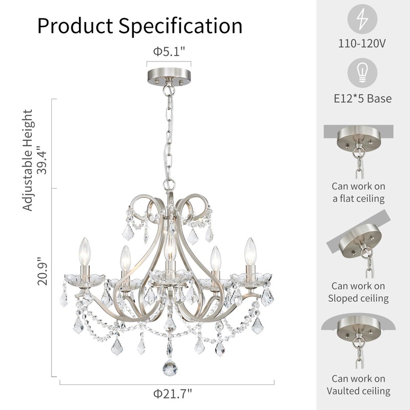 WUZUPS Crystal 5-Light Candle Chandelier Pendant Flushmount Ceiling Light Modern