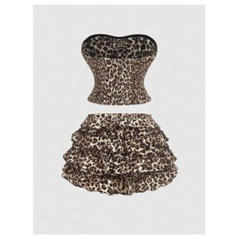 Verdusa Women's 2 Piece Leopard Outfits Ruffle Layered Tube Tops with Bloomer Shorts Summer Clothing Set Beige X-Small