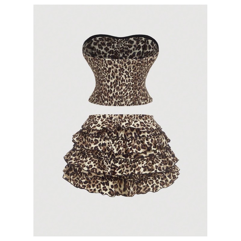 Verdusa Women's 2 Piece Leopard Outfits Ruffle Layered Tube Tops