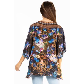Sakkas 1049 - Marina Women's Casual Short Sleeve Blouse Top Tunic Loose Floral Round Neck - 555-Black - L/XL