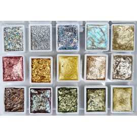 GLOWYBOX Holografische Glitter Aquarellfarbe, Glitzer Aquarell für besondere Highlight Glitzer Wasserfarben Holografische Farbe Glitter Farbe Mega Glitzer SET im Kästchen 15 Farben