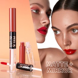 Easilydays Matte Peel Off Lip Liner & Mirror Gloss, Double-end Nude Liquid Lip Stain Peel Off Tattoo Non Stick Glaze, Moisturizing Long Lasting Waterproof Lipstick Intense for Women Lip Makeup, 08