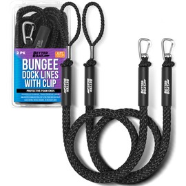 2-Pack Black Bungee Dock Lines with Clip, Marine Grade Boat Rope, Jet Ski or PWC Mooring Ties, Boating Accessories for Boats