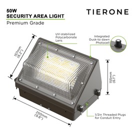 TIERONE 50W LED Wall Pack Light Dusk to Dawn Photocell Outdoor Commercial Security Area Lighting Fixture UL Listed 5500LM 4000K Daylight 400W HPS/HID Equivalent IP65 Waterproof 120-277V 1PACK
