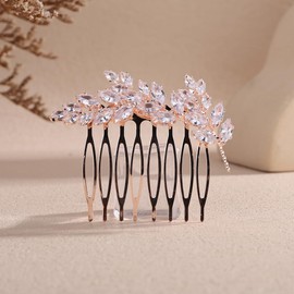 Kercisbeauty CZ Crystal Beads Leaves Rose Gold Hair Comb for Wedding Brides Bridesmaid Sparkle Hair Pieces (Rose Gold)