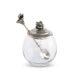 Vagabond House Pewter Bee Glass Honey Pot Jar Jam Jelly Jar with Spoon 5 inch Tall 12 oz
