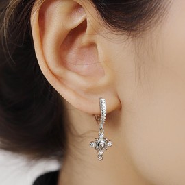 Lansora Cross Dangle Hoop Earrings Huggie Hoops Silver Cross Pendant Drop Hinged Hoop Earrings, Copper, Cubic Zirconia