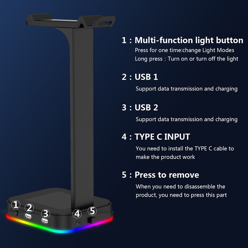 RGB Headphones Stand Dual USB Interface Headphone Holder Earphone Display