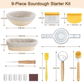 Pleafind Sourdough Proofing Basket, 9-inch Oval ＆ 10-inch Round Banneton Bread Proofing Basket, 9-piece Sourdough Starter Kit for Sourdough Bread