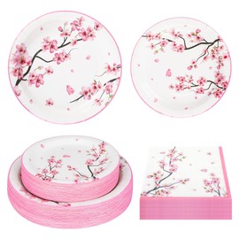 150Pcs Cherry Blossom Party Supplies Cherry Blossom Plates and Napkins Cherry Blossom Paper Plates Disposable Cherry Blossom Dinnerware Set for Spring Floral Bridal Shower Party Decoration,Serves 50