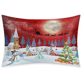 Red Christmas Landscape Satin Pillowcase for Hair and Skin, Snowman Xmas Tree Smooth Silk Pillow Covers for Sleeping Breathable Satin Pillow Case with Zipper (20"x30", Queen Size)