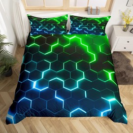 Homewish Single Bedding for Teenage Boy, Modern Honeycomb Duvet Cover Set for Kids Adults, Blue Green Gradient Bedding Sets for Boys Girls, Modern Geometric Hexagonal Duvet Cover Bedroom Decor