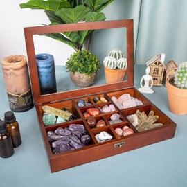 Mooncraftlogy Adjustable Rock Display Case, Crystal Collection Box with Shelves, Wood Witchy Stones Organizer Storage,Gem Holder with Lid for Seashell, Collectibles, Wiccan Gift (Brown)