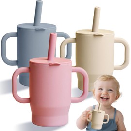 TRYXZSZ Vaso Entrenador Bebe 3PCS, con Popote y Asas, 180ml, Libre de BPA No Tóxico, Mayores de 3 Meses Bebé y Niños (Rosa+Caqui+Gris)