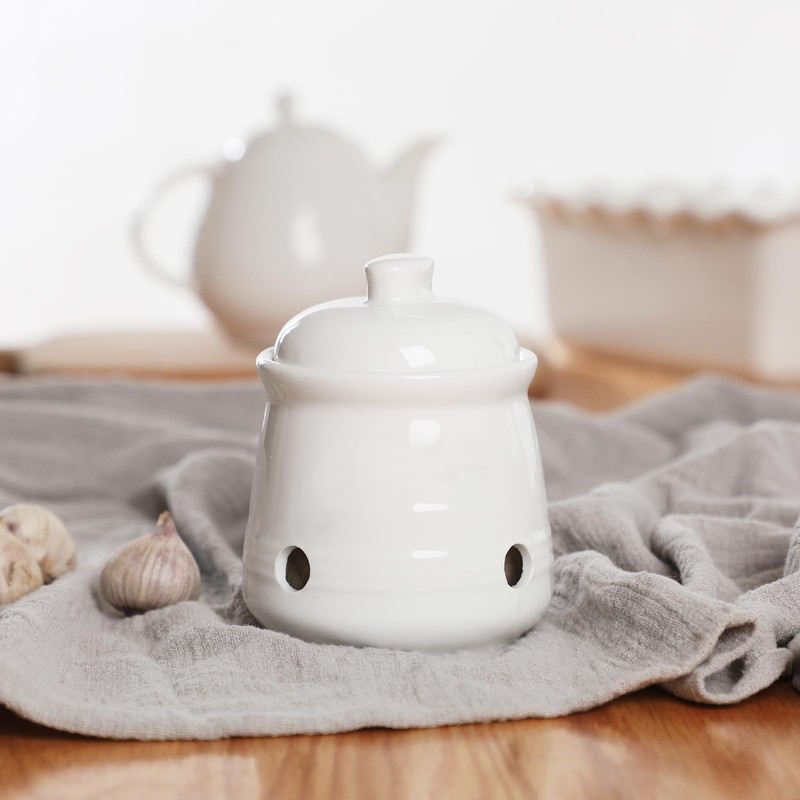 HAOTOP Ceramic Garlic Keeper with Lid, Mini Garlic Saver Container