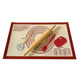 Sourdough Bread Baking Set – 26"x16" Large Silicone Pastry Mat, Non-Stick Baking Mat, 17.3" Wooden Rolling Pin & More, Food-Safe, Non-Slip, Reusable Kitchen Tools (Red(5PCS))