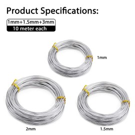 Aluminum Craft Wire, 98.4Ft/ 30m 1mm 1.5mm 2mm Silver Metal Wire Armature Flexible Bendable Crafting Wires for Jewelry Making DIY Crafts Gardening Sculpting, 10m/roll