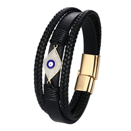 Aroncent Evil Eye Leather Braided Bracelet: Triple Layer Black Wristband with Rhinestone Devil Eye and Gold Tone Stainless Steel Clasp - Punk Style Jewelry gift for Men Women