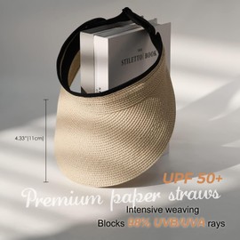 FURTALK Sun Straw Visor for Women Summer Packable Ponytail Beach UPF 50+ Hat for Travel Beige
