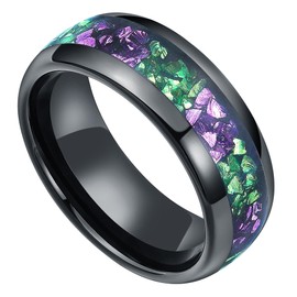 Reseldda 8mm Tungsten Rings for Men with Natural Amethyst and Synthetic Emerald, Black Gold Tungsten Men's Wedding Bands, Art Deco Purple/Green Birthstone Promise Ring for Him Dome Polished Size 13