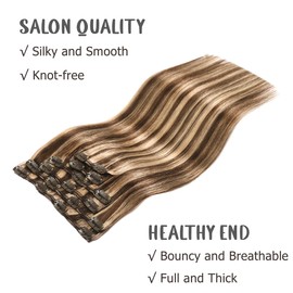 VINBAO Clip-In Real Hair Extensions Balayage Colour 4 Medium Brown Highlighted 27 Caramel Blonde Clip-In Extensions Real Hair Blonde 14 Inches 100 g 6 Pieces Double Wefts (#4P27.35 cm)