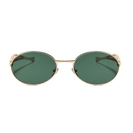 Long Keeper Retro Metal Oval Sunglasses for Women Men 90s Vintage Trendy Slim Oval Sun Glasses UV400 Protection Fashion Shades (Gold Green)