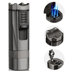 Kantion Torch Lighter - 4 Jet Flame Windproof Lighter with Punch & Holder Gift for Men & Women (Nickel Black)