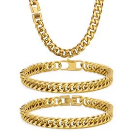Aospkle 3PCS Cuban Link Bracelet Necklace, Gold Sturdy 316L Stainless Steel Cuban Link Chain for Men Jewelry Set 8mm, 8inches