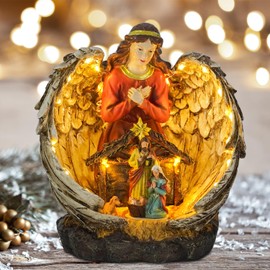 Skyant 9" Christmas Nativity Scene Figurine with Lights, Holy Family with Praying Angel Sculpture - Resin Vintage Religious Art, Indoor Home Xmas Tabletop Office Decor（B）