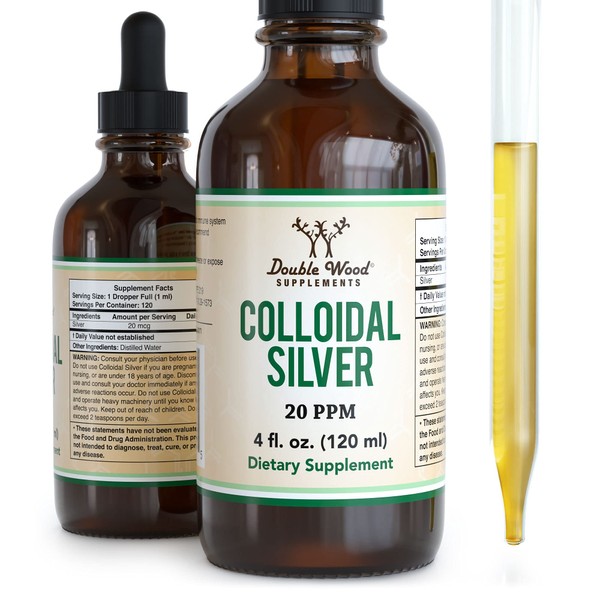 Colloidal Silver Liquid 20 PPM - 4 Fl OZ (Plata Coloidal with Dropper) 99.9% Pure, Manufactured in The USA, Gluten Free, Non-GMO by Double Wood Supplements