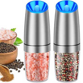 Gravity Electric Pepper and Salt Grinder Set, Adjustable Coarseness, With LED Light, One Hand Automatic Operation, Stainless Steel Black, (2 Pack Silver)