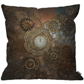 HGOD DESIGNS Steampunk Cushion Cover, Rusty Steampunk with Clock and Various Gears, Metal Machine, Gold Bronze Throw Pillow Cover for Living Room Bedroom Sofa Chair 45x45cm