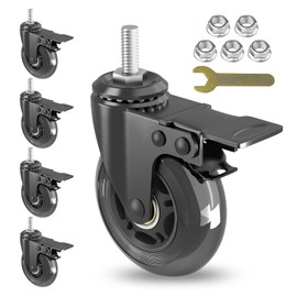 MALLLALA Caster Wheels Sets 5 with Metal Brakes,3 inch Heavy Duty Swivel Castors with 5/16"-18 UNC Threaded stem,Mute Rubber Wheels Replacement for Hardwood,Carpet,Tile, Including Flange Nuts