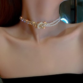 Jumwrit Sparkly Rhinestone Pearl Choker Necklace Dainty Layered Necklace Adjustable Chain Silver Row Necklace Asymmetric Pearl Necklace Fashion Prom Party Necklace Accessories for Women Girls(Style 1)