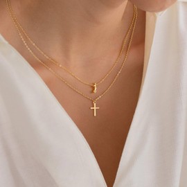 Turandoss Cross Necklace for Women- Bubble Letter Necklace Gold, Layered Necklaces for Women, Initial j Necklaces, Dainty Gold Cross Necklaces for Women Trendy Gold Jewelry Gifts for Women