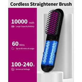Cordless Hair Straightener Brush Electric Hair Straightening Comb Rechargeable 10000mAh Battery Powered Portable Hair Straightener Ionic Thermal Wireless Hot Hair Brush Heat Comb (Black)