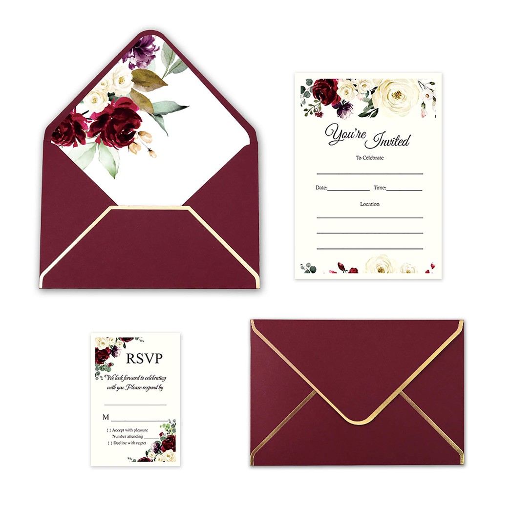 Doris Home 25pcs Burgundy Invitations Cards with Burgundy Rose Printed Inner Sheets and Envelope with with Gold Border for Wedding,Engagement Invite (Burgundy, Fill-In)